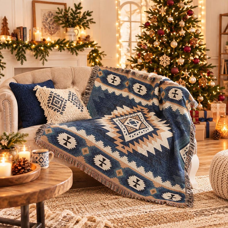 Op de afbeelding: Een geweven plaid met een geometrisch patroon in blauw, cr&egrave;me en bruin met franjes, gedrapeerd over een bank naast een effen marineblauw kussen en een cr&egrave;mekleurig, getextureerd kussen met een donkerblauw ruitpatroon.