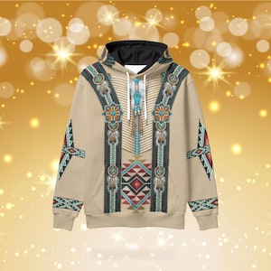 May include: A beige hoodie with a Native American inspired design featuring geometric patterns, beads, and feathers. The hoodie has a black hood and white drawstrings.