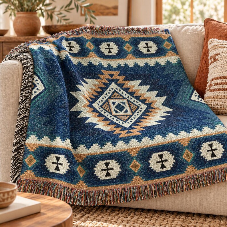 Op de afbeelding: Een geweven plaid met een diepblauwe achtergrond en een groot centraal ruitpatroon in tinten beige, cr&egrave;me en donkerblauw. De deken heeft een decoratieve rand met geometrische vormen en een franje aan de onderkant.