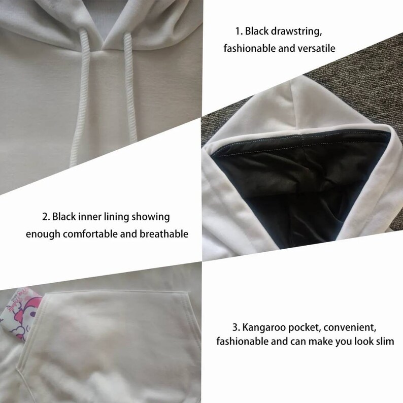 May include: White hoodie with a black drawstring, black inner lining, and a kangaroo pocket. The text "2. Black inner lining showing enough comfortable and breathable" is visible in the image.
