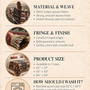 Op de afbeelding: Een informatieve gids voor een geweven deken met secties over materiaal, franjes, maten 132x94, 152x127 en 203x152 cm, en wasinstructies. De tekst bevat Before You Buy, Woven Blanket Guide en details over het wassen.