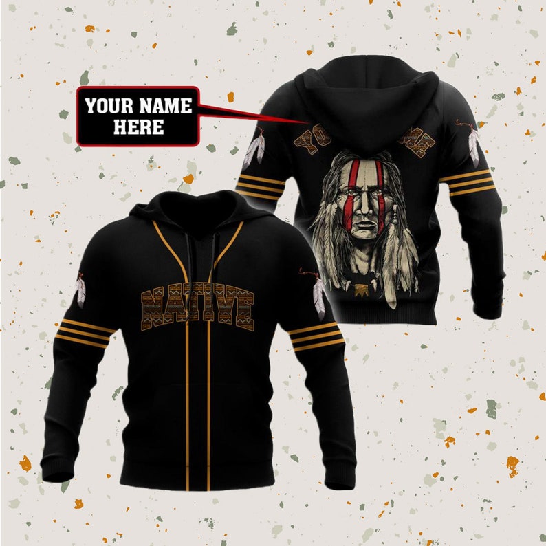 May include: Black baseball jersey with a Native American design and the word "NATIVE" in gold lettering. The back of the jersey features a Native American man with a headdress and the text "YOUR NAME HERE".