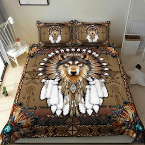 May include: A brown, red and blue patterned bedding set featuring a wolf wearing a Native American headdress. The bedding set includes a duvet cover and two pillowcases.
