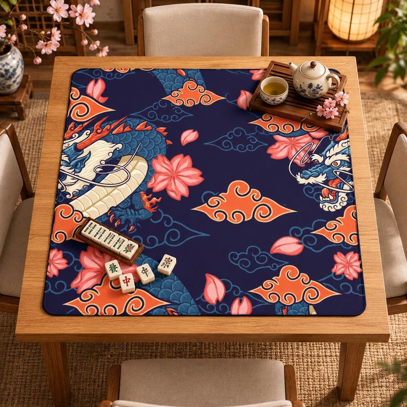 Blue Dragon and Cherry Blossom Mahjong Table Mat, Card Game Mat With ...