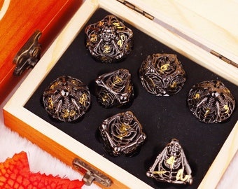 Hollow Black and Gold Skull Dice Set | Role playing dice - dungeons and dragons | d&d dice set with box for gifts | easy rolling metal dice