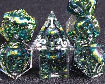 Green dnd skull dice set  , blue resin skull dice for role playing games , Skull resin dungeons and dragons dice , dnd resin dice set