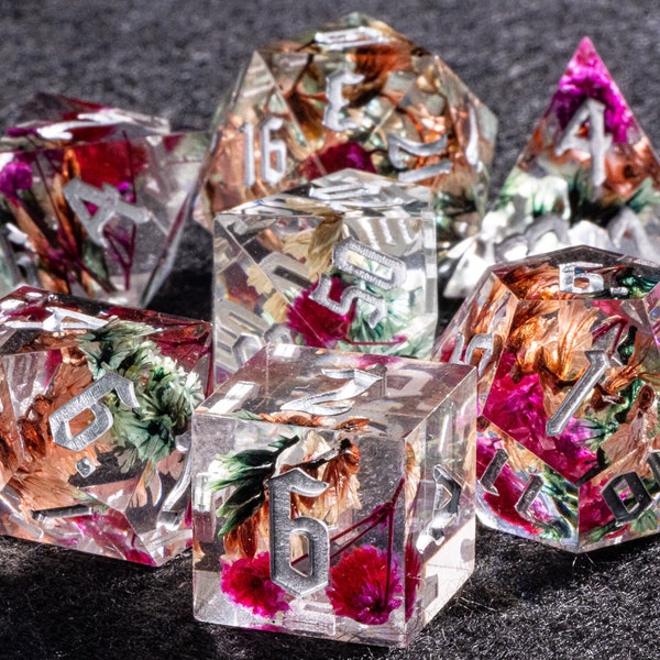 Purple flower dnd dice, D&D resin dice for role playing games , Transparent resin dungeons and dragons dice set for gifts , Flower dice set