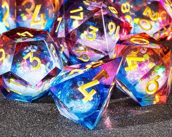 Galaxy liquid core dice set for role playing games | dungeons and dragons dice set | Crystal style liquid core dice set | dnd dice set resin