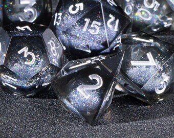 Black resin liquid core dice set for role playing games | dungeons and dragons dice set | liquid core dnd dice set | sharp edge dice set