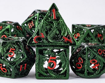 Green dragon metal dnd dice set | Dungeons and Dragons dice | Metal D&D Dice of 7 | Board Game dice | hollow dragon dice for dnd gifts