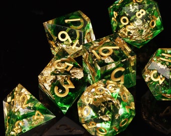 DND Würfel Set | Grünes und goldenes Resin Sharp Edge Würfel Set | Tabletop-Spiele Würfel | Transparentes Resin D&D Würfel Set - Dungeons and Dragons Würfel