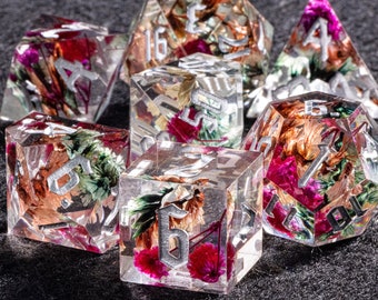 Purple flower dnd dice, D&D resin dice for role playing games , Transparent resin dungeons and dragons dice set for gifts , Flower dice set