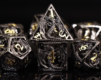 Schwarz gold Hohldrache DND Würfel Set | Tischspiel Würfel - Dungeons and Dragons | D&D Würfel aus Metall | Rollenspiel Würfel Set | dnd Geschenke