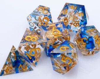 Sharp Edge Dnd Handmade Dice ， blue and gold resin Dice，Polyhedral  Dnd Dice Set ，RPG Dice ，Dnd Dice Resin Dungeons & Dragons