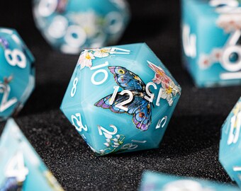 Dnd dice set resin | Blue resin butterfly dice set for dnd gifts | Flower sharp edge d&d dice set | polyhedral resin dice set blue