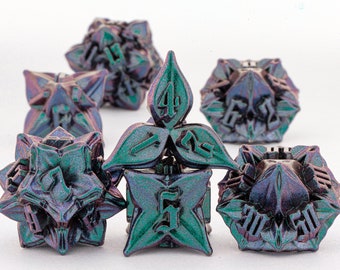 Flower metal dice set for Role Playing Games | Blue Metal D&D Dice Set for tabletop games | Dungeons and Dragons flower dnd dice set