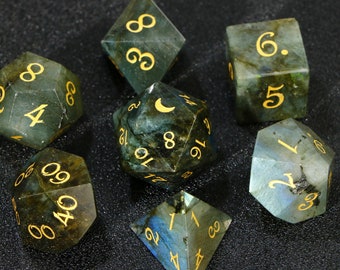 Full Set Labradorite Gemstone DnD Dice Set - Engraved / Dungeons & Dragons-  DnD Dice Set Moon Dice / D20 Moon dice  / MTG Game dice
