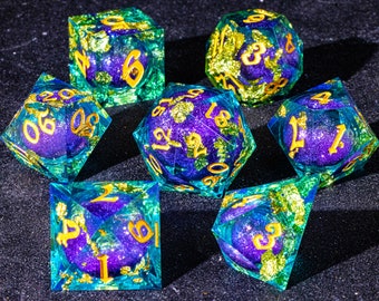 gold foil liquid core dice set | purple liquid core dice set | dungeons and dragons dice | dnd dice set resin | d&d liquid dice set
