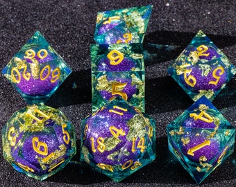 New style! liquid core dice set for role playing games | purple liquid core d&d dice | dungeons and dragons dice | gold foil resin dnd dice