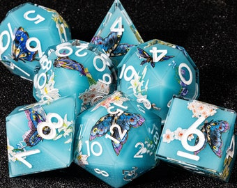 Blue resin butterfly dice set for dnd gifts | Flower d&d dice set | polyhedral resin dungeons and dragons dice set | Dnd dice set resin