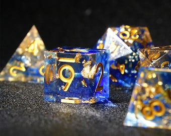 blauw en goud Resin Sharp Edge Dice Set | D en D Dice | Dungeons and Dragons Dobbelstenen | RPG Polyhedrale Dobbelstenen | D20 D12 D10 D8 D6 D4 Dobbelstenen