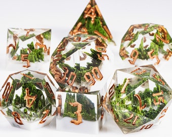 D&D Resin Würfel für Rollenspiele | Durchsichtiges Resin Würfel Set für Geschenke | Bergwald scharfkantig dnd Würfel Set