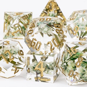 Dnd resin forest dice for role playing games | Transparent resin dungeons and dragons dice set for gifts | Flower sharp edge dnd dice set