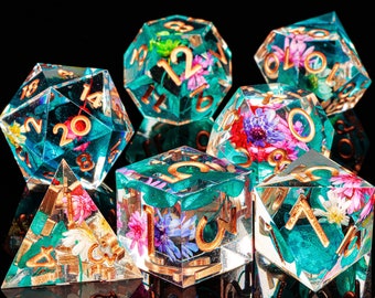 Transparent sharp edge resin dice | Resin flower dice for role playing games | dungeons and dragons dice set with box for gifts | Resin dice