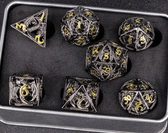 Black dragon metal dice set | Dungeons and Dragons gifts | dnd dice set metal | Metal D&D Dice of 7 | Hollow Dragon dice set | d6 dice