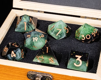 Dnd resin dice for role playing games | Resin dungeons and dragons dice set | sharp edge dice set | Black green resin dice | dnd gifts