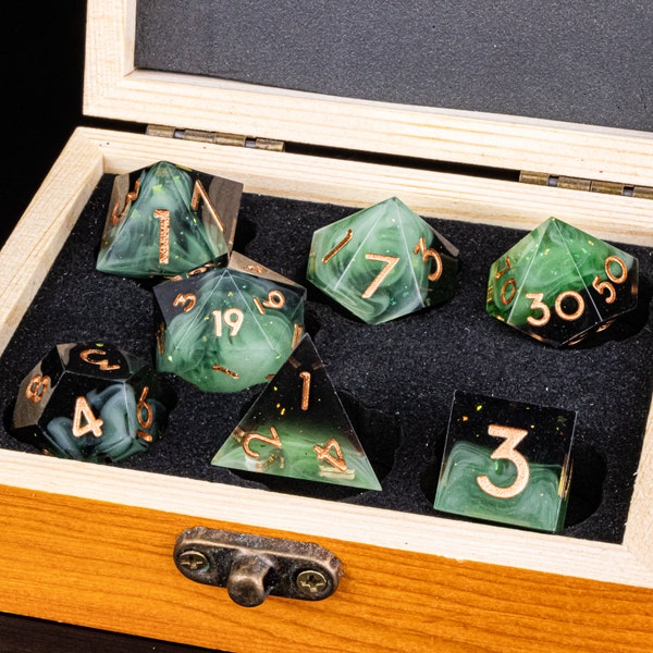 Dnd resin dice for role playing games | Resin dungeons and dragons dice set | sharp edge dice set | Black green resin dice | dnd gifts