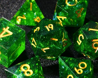Green Resin Sharp Edge Dice Set | D and D Dice | Dungeons and Dragons Dice | RPG Polyhedral Dice | D20 D12 D10 D8 D6 D4 Dice