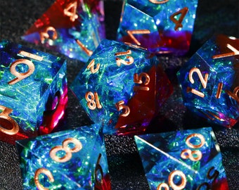 Red and blue transparent resin Sharp Edge Dice Set | D and D Dice | Dungeons and Dragons | RPG Polyhedral Dice | Full Set Handmade Dice