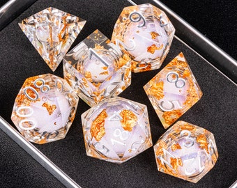 Transparent resin liquid core dnd dice set for role playing games , Gold foil liquid core dice set for dungeons and dragons , resin d&d dice