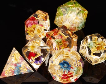 DND Dice Set | Flower Resin Sharp Edge Dice Set | tabletop games dice | Transparent Resin D&D Dice Set - Dungeons and Dragons dice