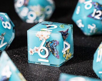 Jeu de dés papillon en résine bleue pour cadeaux md | Jeu de dés d&d Flower | de dés dragons et donjons en résine polyédrique | Dnd jeu de dés résine