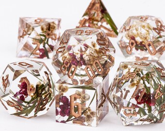 D&D Resin Blüten Würfel für Rollenspiele | Transparentes Resin Resin Würfel Set für Verliese und Drachen für Geschenke | Blumen scharfe Kante und Würfelset