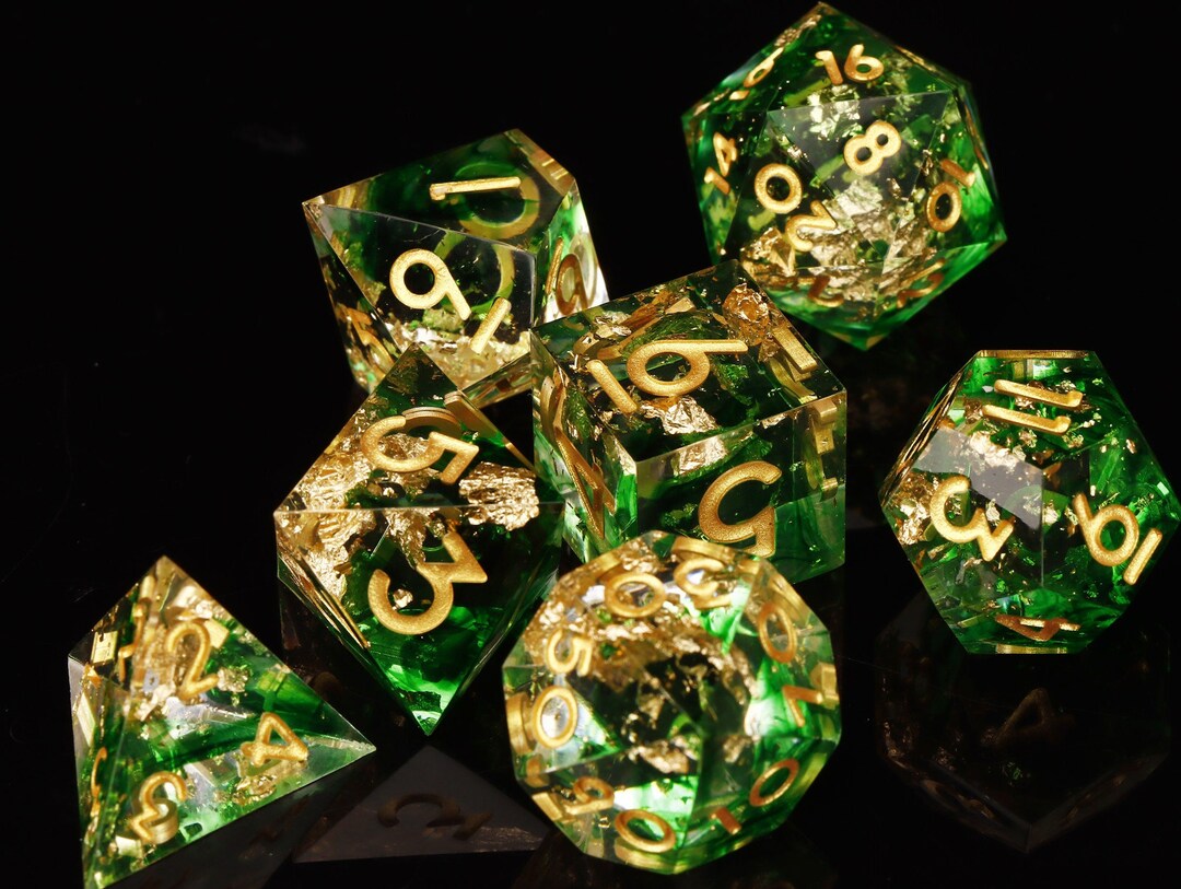 DND Dice Set Green and Gold Resin Sharp Edge Dice Set Etsy