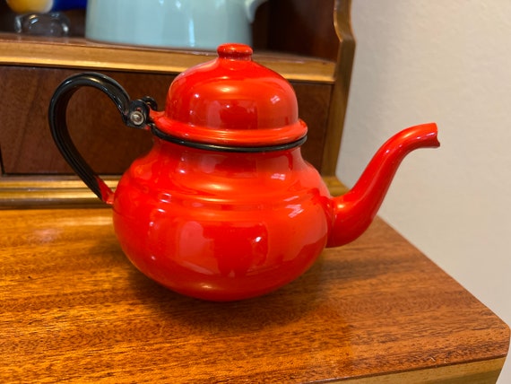 Vintage Teapot Enamelware Graniteware Red Kettle made in Poland AS