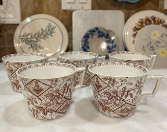 Antique Brown Floral Transferware Cups - Set of 5