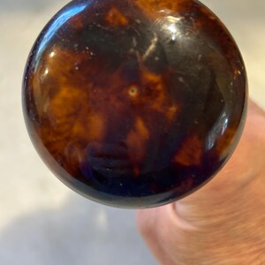 May include: A close-up of a round, polished object with a tortoiseshell pattern. The object has a glossy finish with shades of brown and amber. The object is held by a hand.