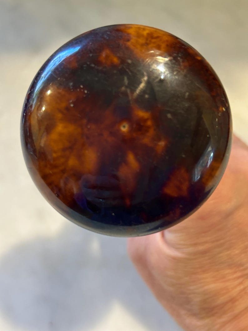 May include: A close-up of a round, polished object with a tortoiseshell pattern. The object has a glossy finish with shades of brown and amber. The object is held by a hand.