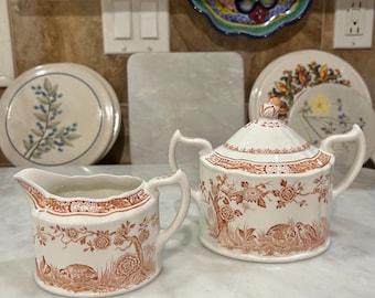 Furnivals 1914 Quail Brown Transferware Creamer And Sugar Bowl