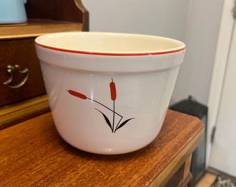 Puede incluir: Maceta de cerámica blanca con borde rojo y diseño de espadañas en negro y rojo.
