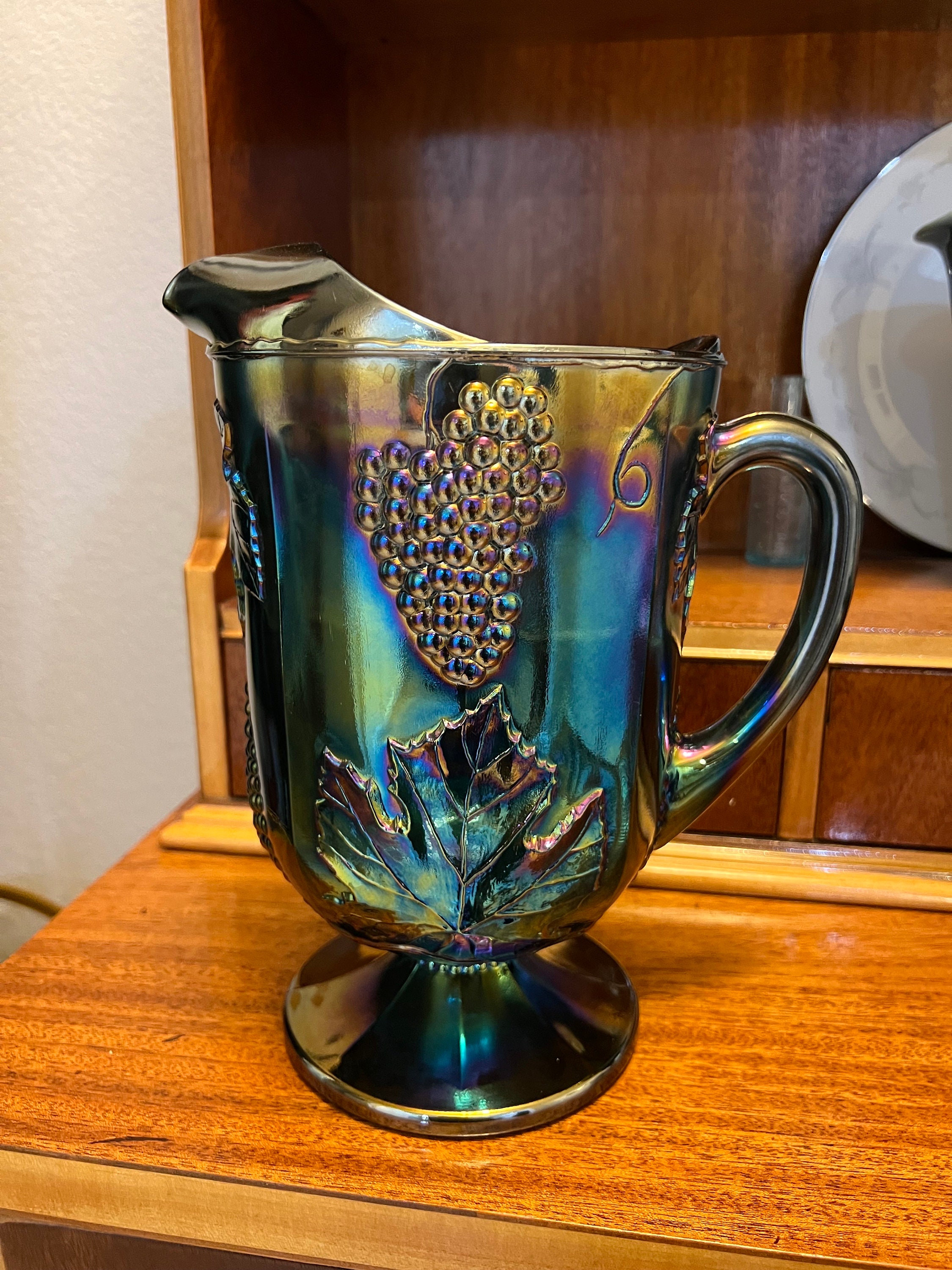 Vintage Indiana Carnival Glass Pitcher, Iridescent Blue Harvest Grape – The  Vintage Teacup