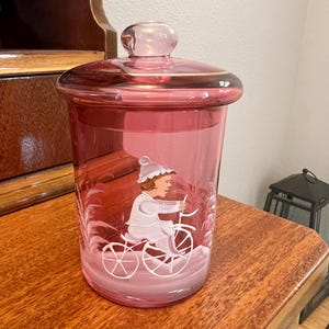 Mary Gregory Cranberry Glass Jar with Lid