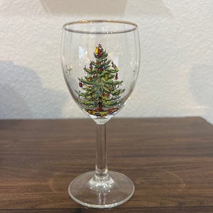 Spode Christmas Tree 12oz Wine Glass 7.25 tall gold rim set of 2 signed