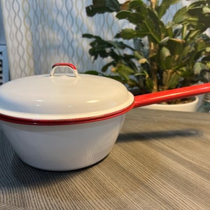 White and Red Enamelware Pan with Lid