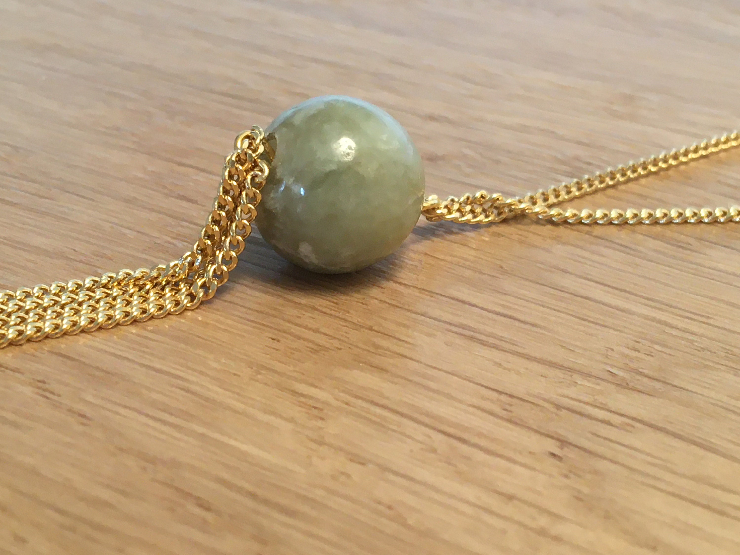Collier Sautoir Perles Jade Et Marbre Vert Clair - Pompon Soie - Style Asiatique Naturel