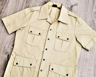 Vintage 70s Canvas Khaki Twill Safari Shirt Vtg 1970s Argus Hunting Utility Large